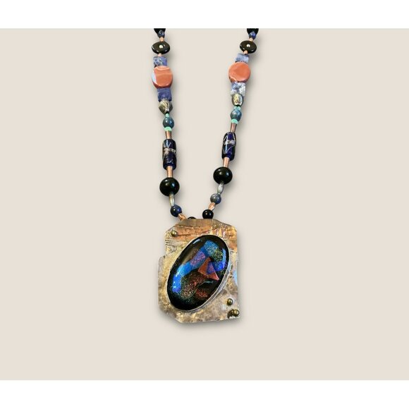 Handmade Sterling Mixed Media Beaded Necklace With Dichroic Glass & Stone Penda - Picture 4 of 9